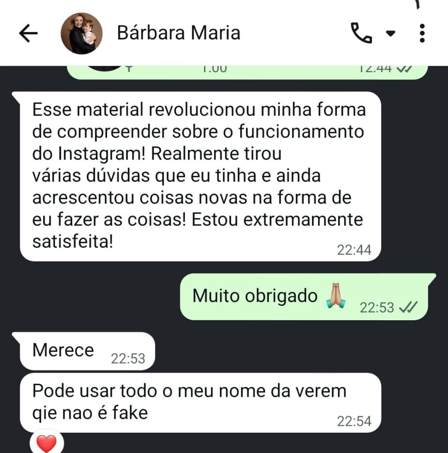 Depoimento de Bárbara Maria no WhatsApp sobre o material DestravaGram